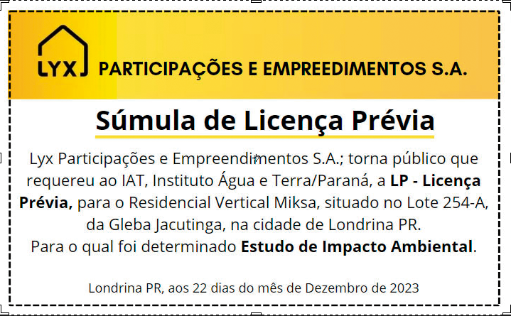 SÚMULA DE LICENÇA PRÉVIA REQUERIDA JUNTO AO IAT - INSTITUTO ÁGUA E TERRA