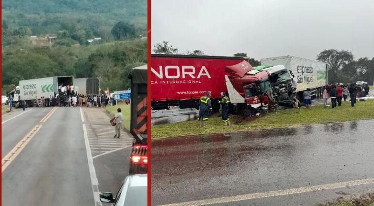 Homem é ejetado de carreta após batida entre três caminhões