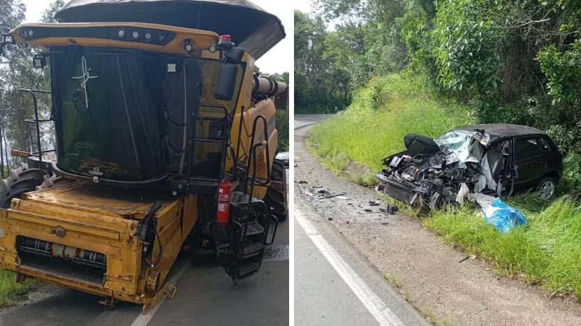 Idoso de 84 anos morre após bater carro de frente com colheitadeira em rodovia sem acostamento do Paraná